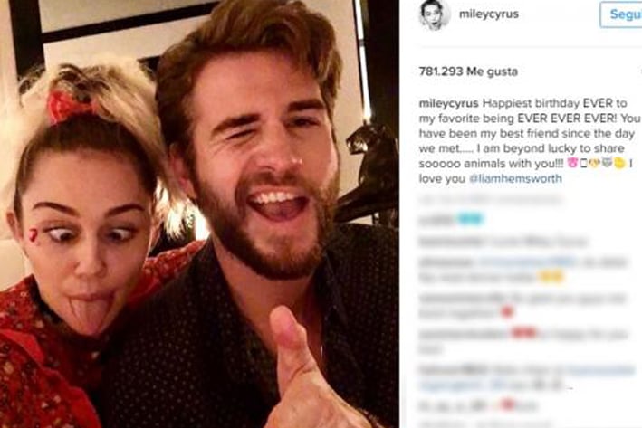 Miley Cyrus felicita a Liam Hemsworth con romántico mensaje