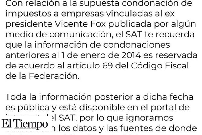 Niega Vicente Fox que el SAT le haya condonado impuestos