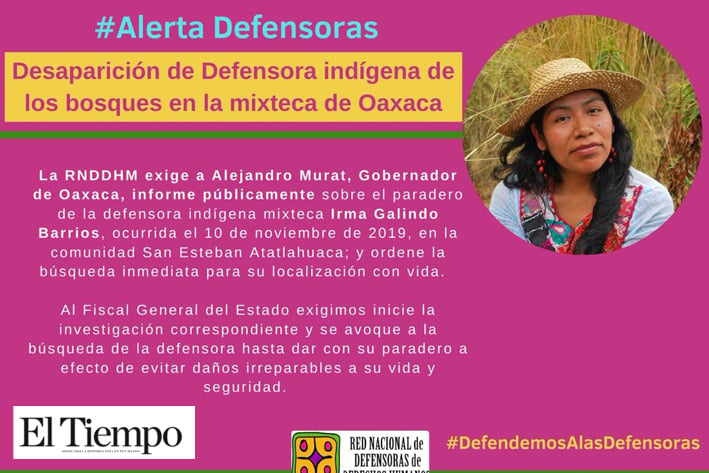 Desaparece defensora indígena, Irma Galindo