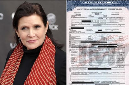 Revelan certificado de defunción de Carrie Fisher