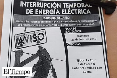 Sin energía el 8 de Enero y parte de San Buena