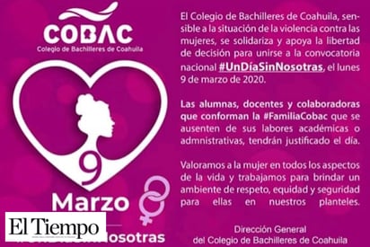 El COBAC se suman al paro  nacional ‘un día sin nosotras’