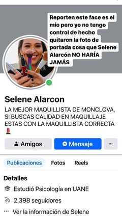 Estafadores roban con nombre e imagen de Selene Alarcón; hackean su Facebook