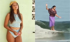 La surfista mexicana Patricia Ornelas desafía las olas con vestido huipil