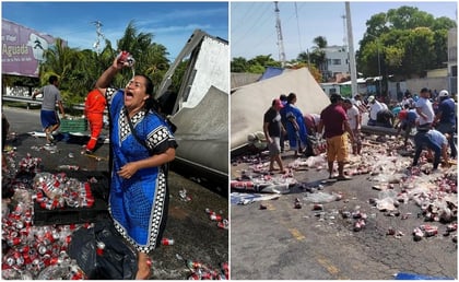Mujer se baña en cerveza tras volcadura de camión en Campeche y se viraliza