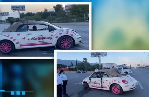 Conductora ebria vuelca en su Beetle de 'Hello Kitty' en Saltillo; queda detenida