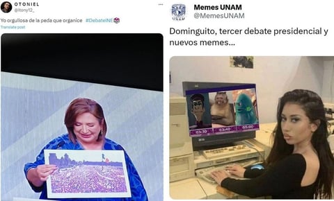 Carteles de Xóchitl Gálvez y libros de Claudia Sheinbaum desatan ola de memes en Tercer Debate Presidencial