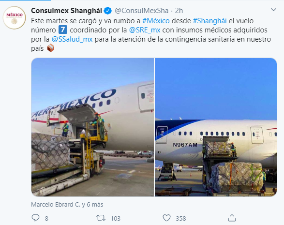 Vuela de China a México séptimo avión con insumos médicos