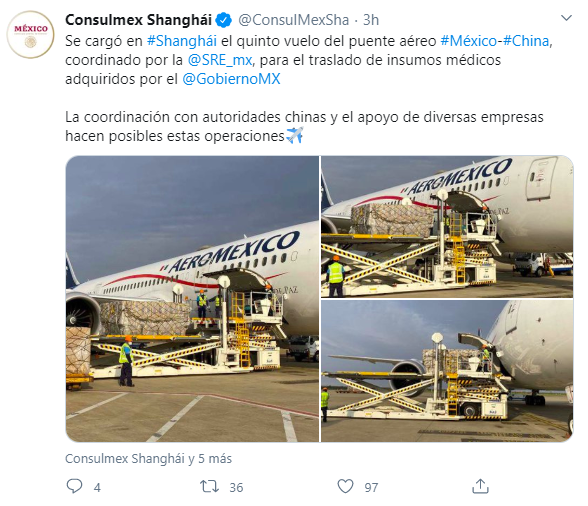 Llegará quinto vuelo con insumos médicos de China a México