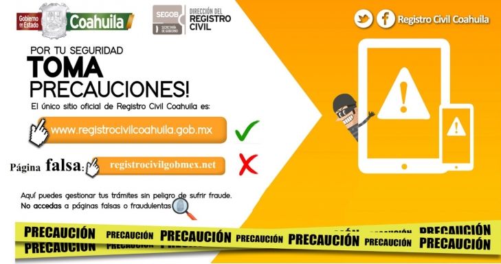 Alerta Registro Civil Coahuila  por páginas falsas