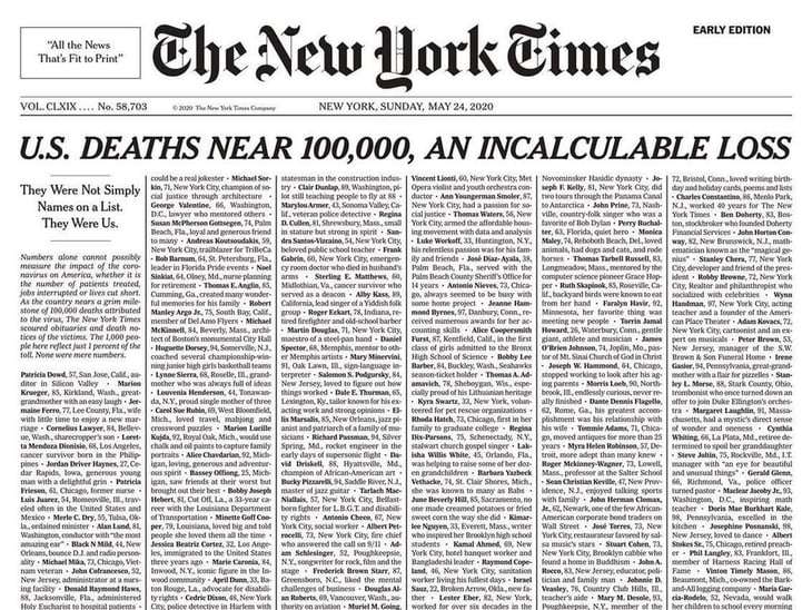 New York Times llena su portada con mil obituarios de fallecidos por COVID-19