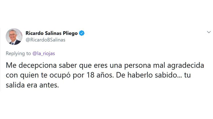 “Eres una malagradecida”, dice Salinas Pliego a mujer que le reclamó en Twitter por despido
