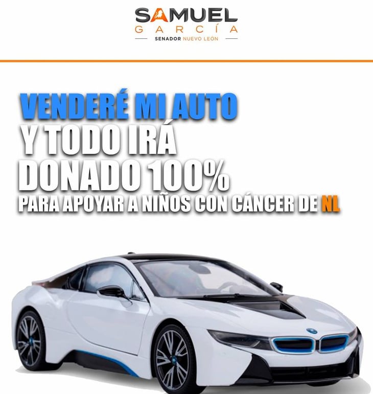 Samuel García pone a la venta su auto para apoyar a niños con cáncer
