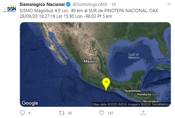 Sorprende a Oaxaca sismo de magnitud 4.9