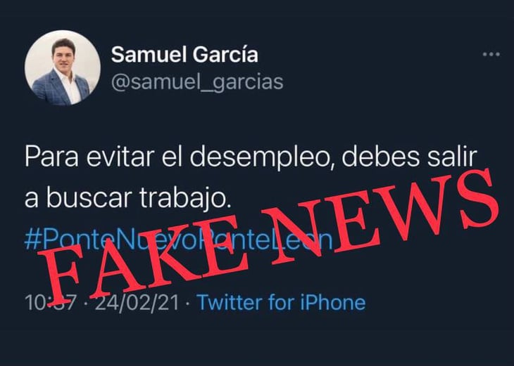 Aclara Samuel García que tuit sobre desempleo es falso