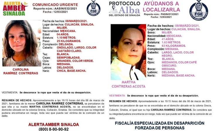 Emiten alerta de búsqueda de madre e hija en Sinaloa