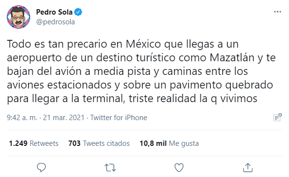 Critican a Pedro Sola por hablar de la precariedad en aeropuerto de Mazatlán