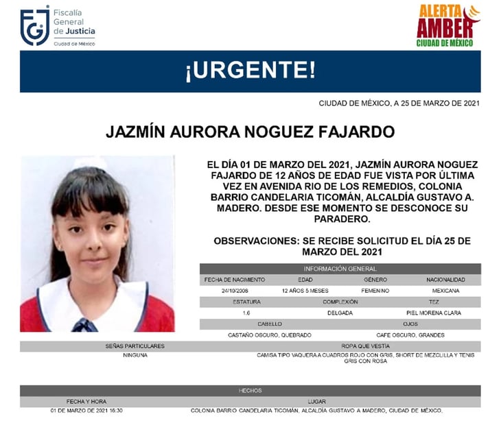 Emiten Alerta Amber para Jazmín, niña de 12 años desaparecida en GAM