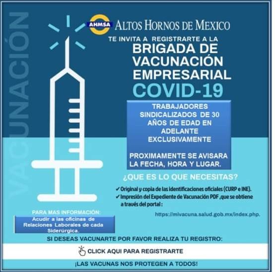 Convoca AHMSA a obreros de 30-39 años al registro para vacunación anti COVID19 