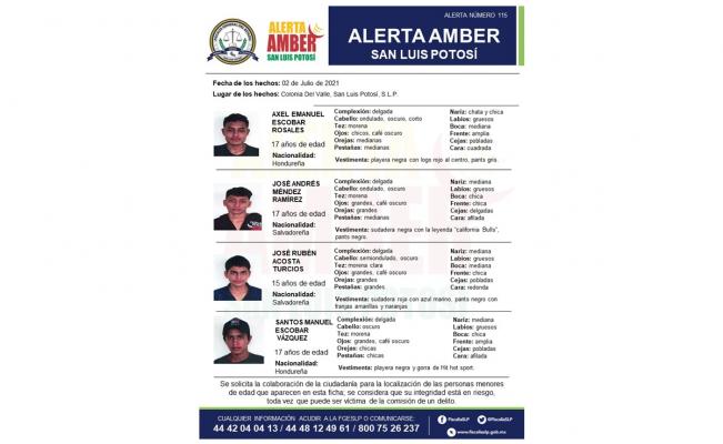 Fiscalía de SLP activa Alerta Amber para localizar a 4 migrantes