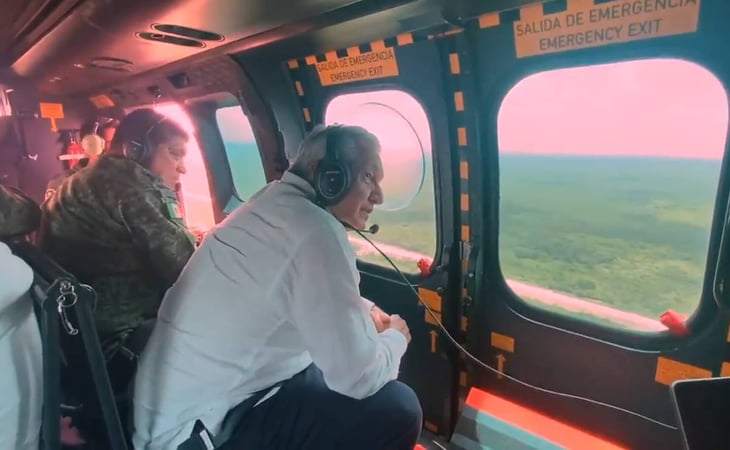 En avión militar, AMLO recorre tramos 3 y 4 del Tren Maya en Yucatán