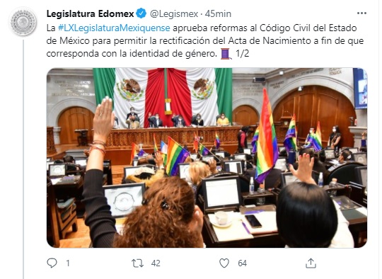 Congreso aprueba expedición de actas de identidad de género en Edomex