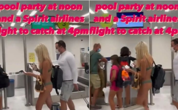 VIDEO: Mujer misteriosa entra al aeropuerto vistiendo solo un diminuto bikini y su cubrebocas