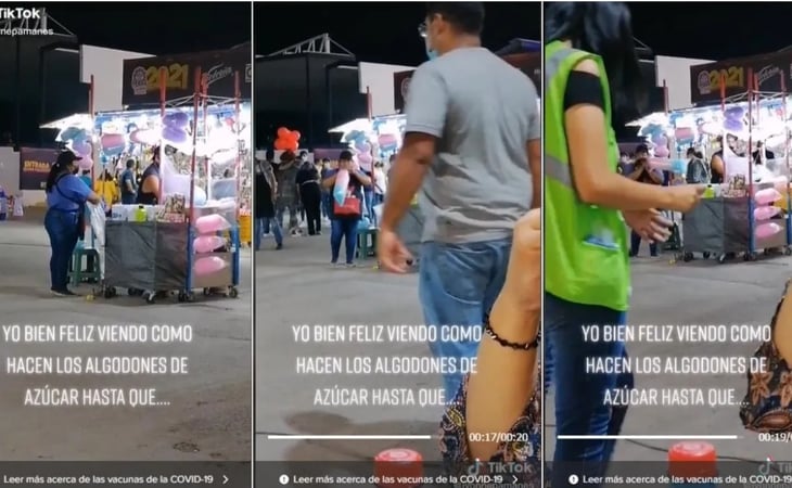 ¿Cuál pandemia? Vendedora es captada en video inflando con la boca la bolsa de un algodón de azúcar en Torreón