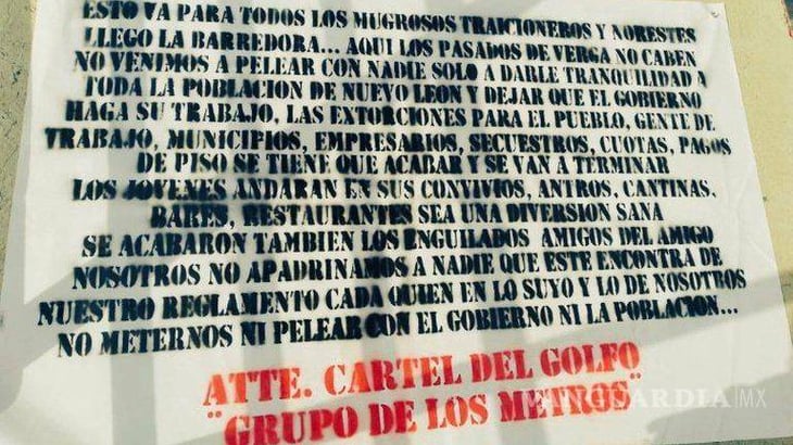 Monterrey en alerta; aparecen narcomantas del Cártel del Golfo, para todos los mugrosos traicioneros