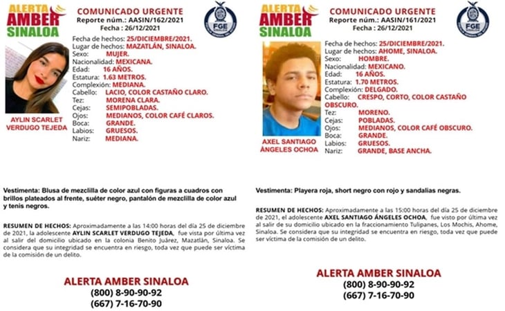 Activan Alerta Amber por la desaparición de dos menores en Sinaloa
