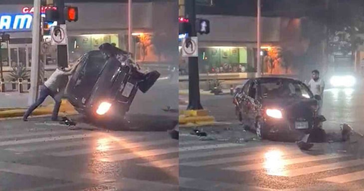 VIDEO: Joven levanta solo su carro tras volcarse en Nuevo León
