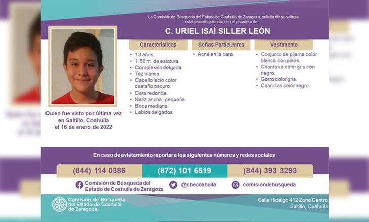 Se busca Uriel Isaí León de 13 años de edad; salió desde anoche a la tienda y no ha regresado