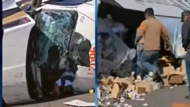 VIDEO: Vuelca tráiler en autopista Xalapa-Perote y pobladores hacen rapiña