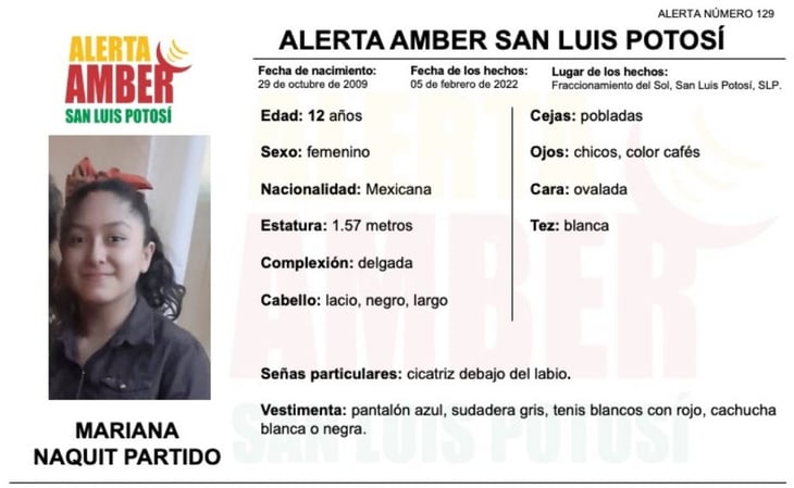 Lanzan Alerta Amber para localizar a niña desaparecida en San Luis Potosí