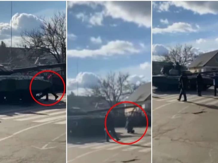 VIDEO: Ucraniano intenta frenar a tanque de guerra ruso con su cuerpo