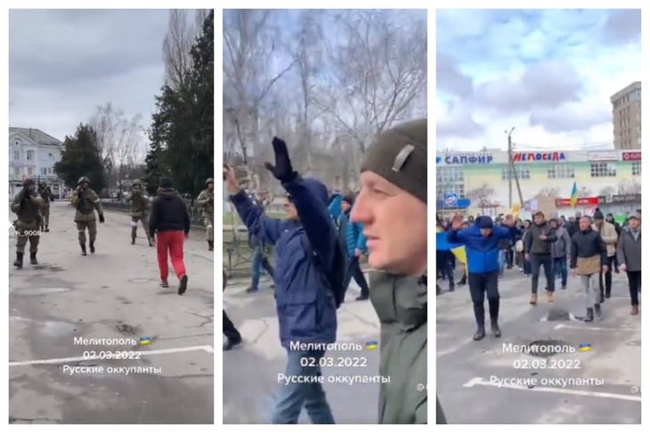 VIDEO: Civiles ucranianos desarmados confrontan a militares rusos