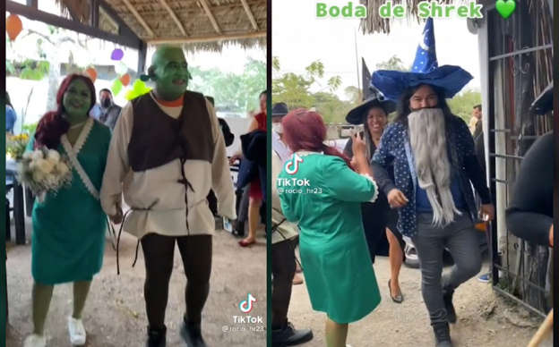 Pareja de esposos se casan vestidos de Shrek y Fiona, divertida idea se vuelve viral