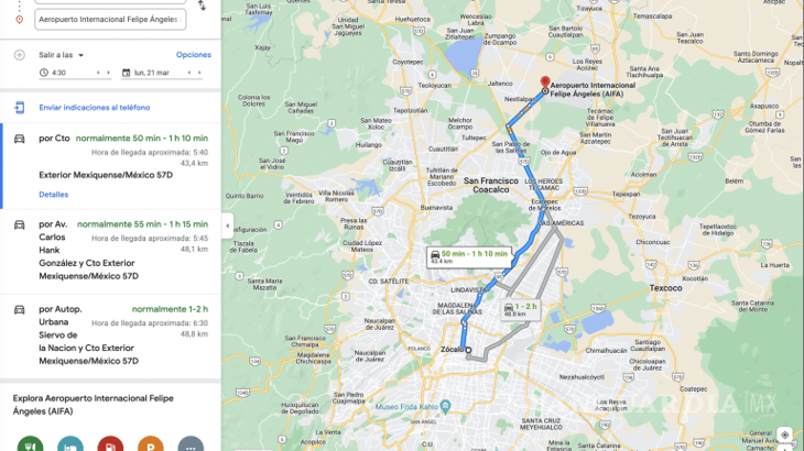 Google Maps muestra que no se puede llegar de Palacio Nacional al AIFA en 40 minutos