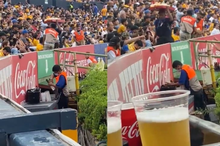 Aparece vendedor rellenando cerveza con agua de hielera en el estadio de Tigres