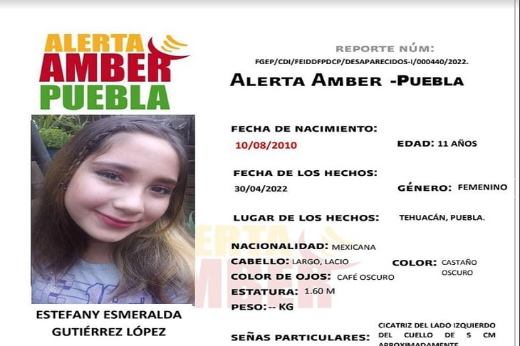 Activan Alerta Amber para localizar a Estefany en Puebla