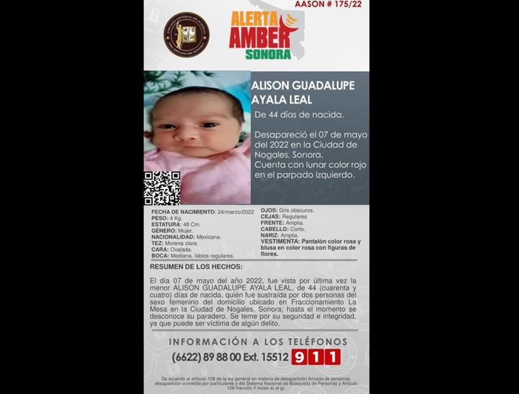 Activan Alerta Amber para búsqueda de la bebé Alison en Sonora