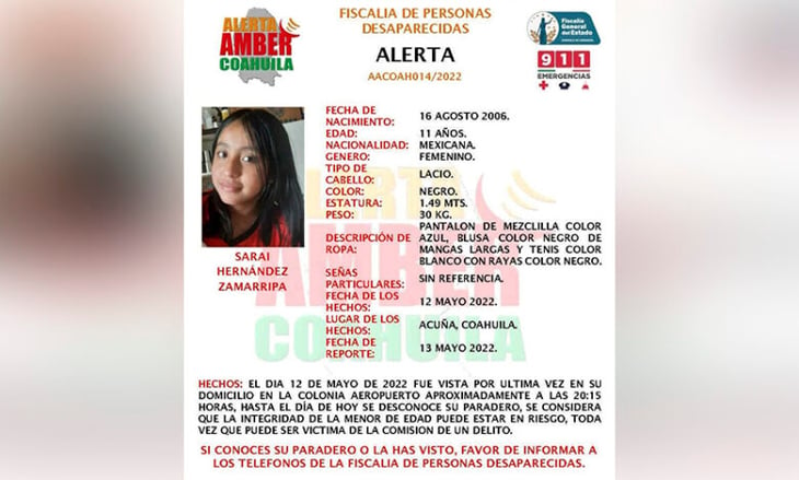 Alerta Amber fue activada tras desaparición de una menor de 11 años en Acuña