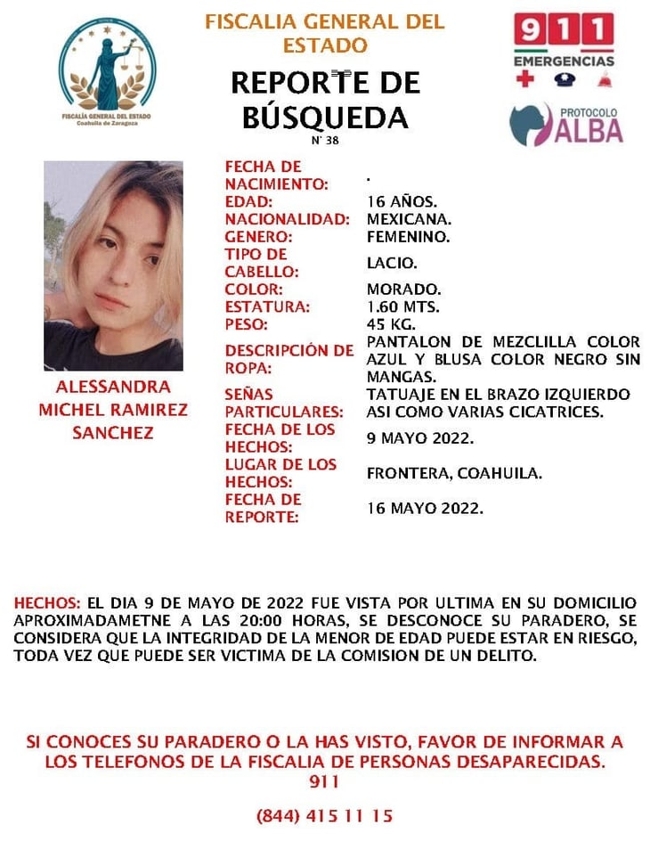 Activan el protocolo ALBA por desaparición de Alessandra