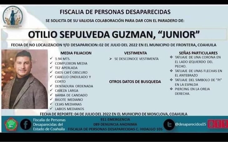 'Junior” Sobrino del ex alcalde de Castaños Chabel, está desaparecido 