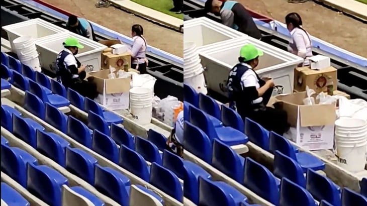 Exhiben a vendedor reciclando vasos usados en estadio de Puebla