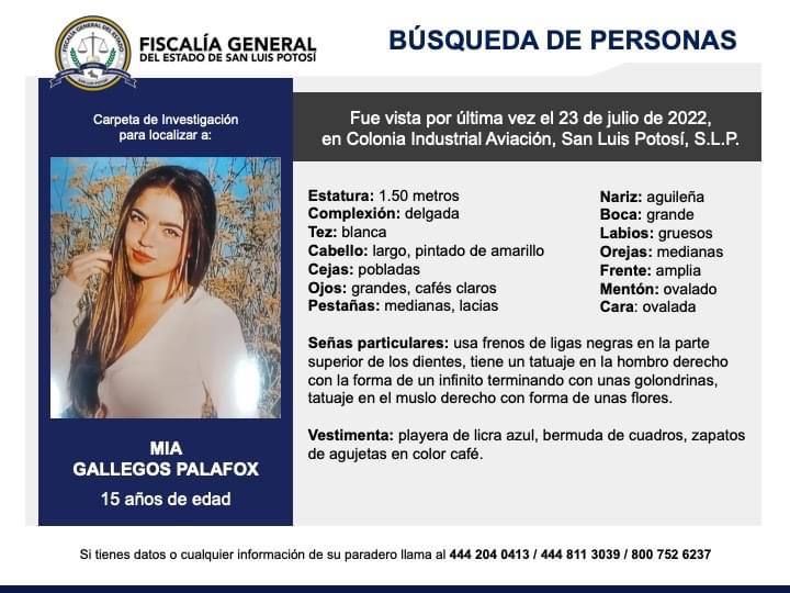 Localizan con vida Mía Gallegos Palafox, confirma fiscalía de SLP