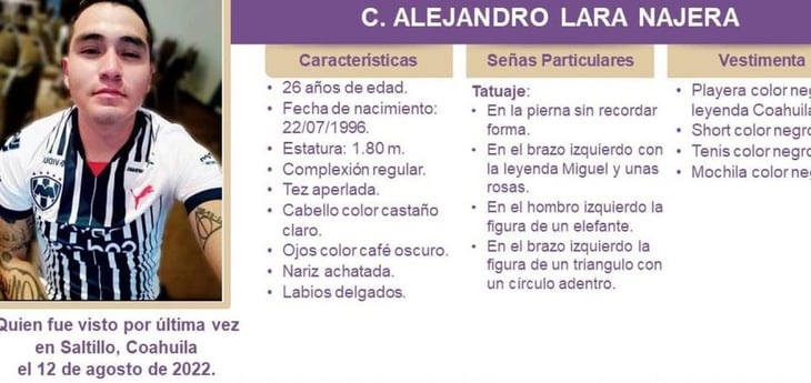 Emiten alerta de búsqueda por Alejandro Lara Nájera