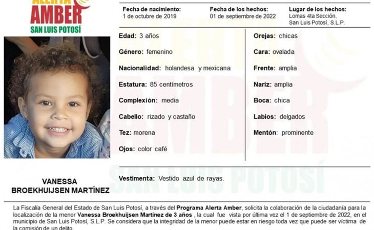 Activan Alerta Amber para localizar a niña de 3 años en San Luis Potosí