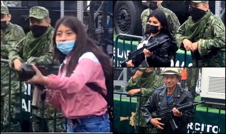 Militares prestan fusil a asistentes al desfile del 16 de septiembre para tomarse fotos