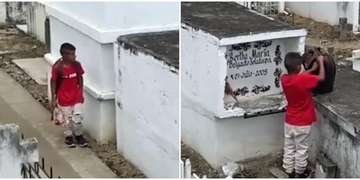 Niño visita tumba de su madre para mostrarle sus calificaciones en Ecuador